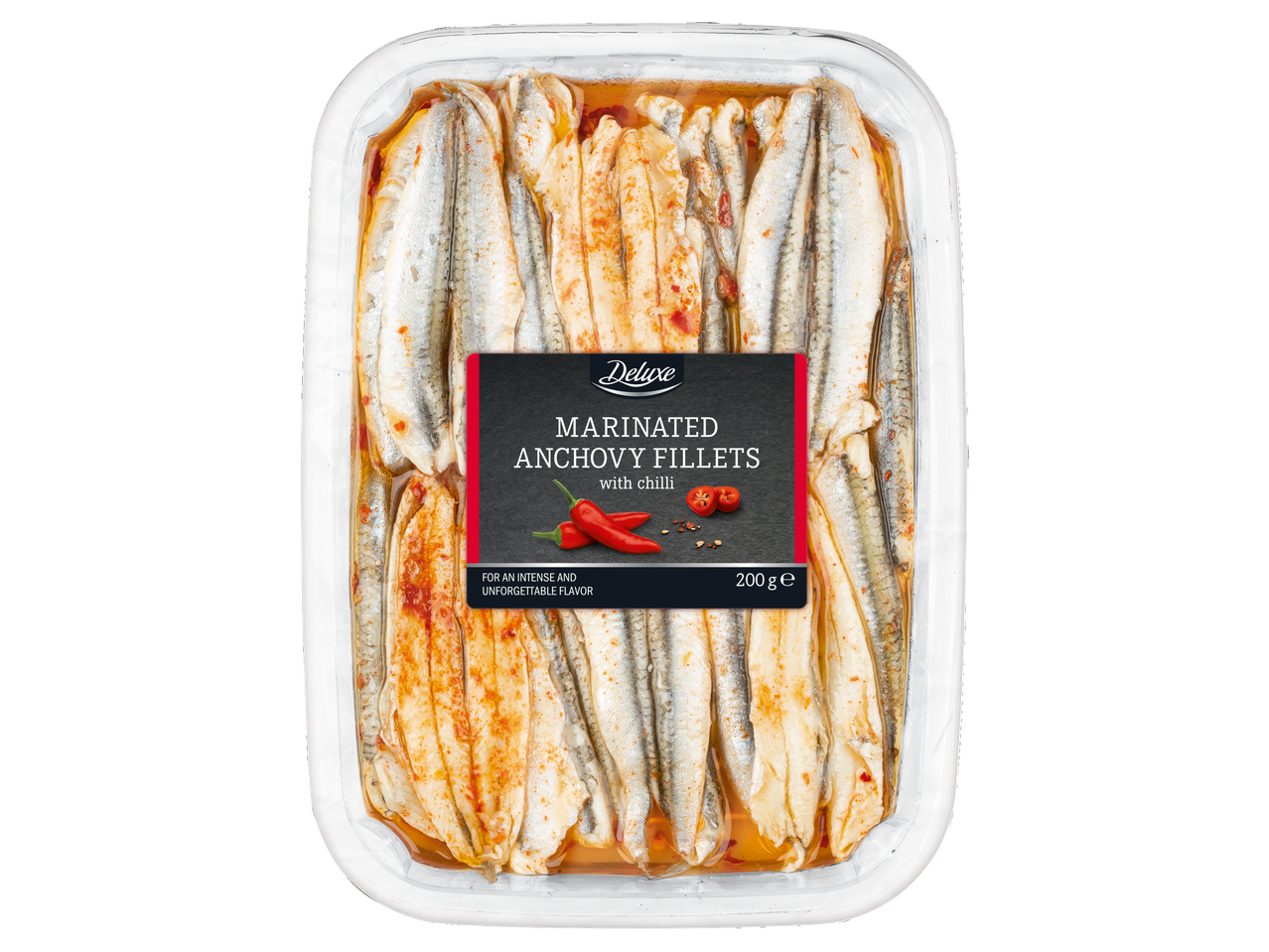 Filets d'anchois marinés Deluxe au piment, 200g.