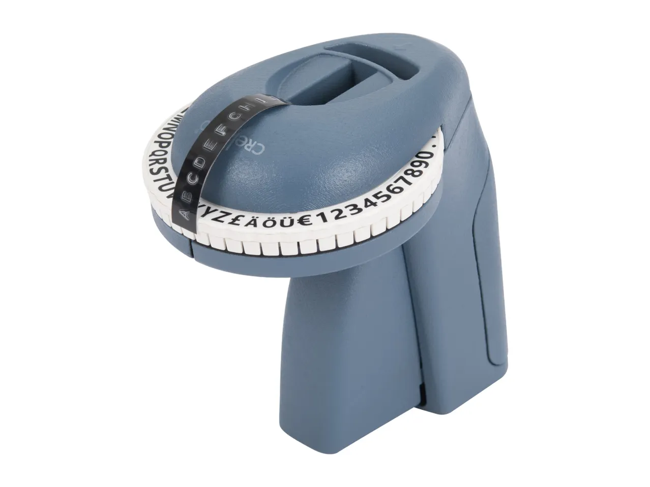 A blue Dymo label maker with alphabet and number wheels.