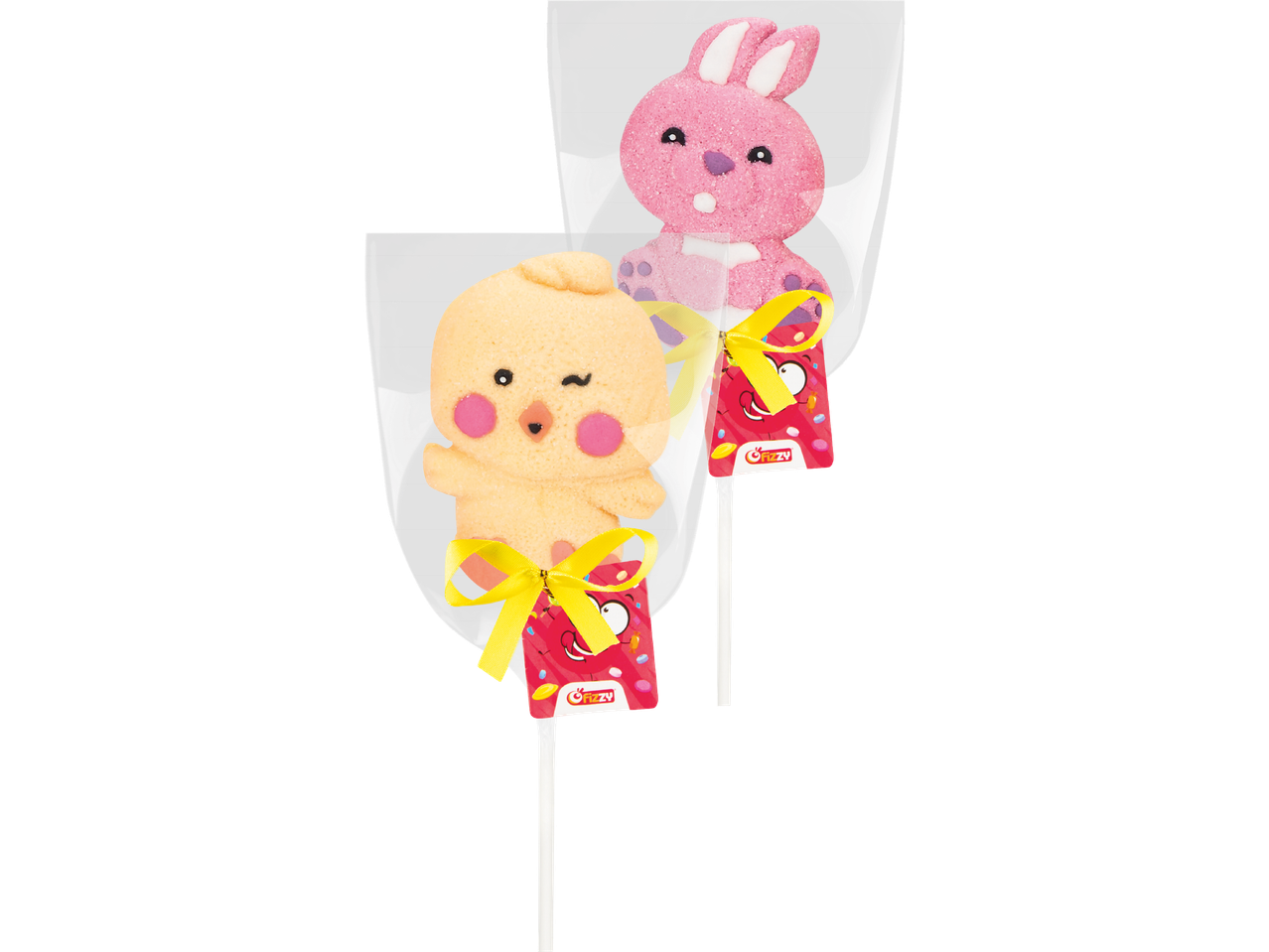 Två klubbor i form av en rosa kanin och en gul kyckling, inslagna i plast med rosetter.