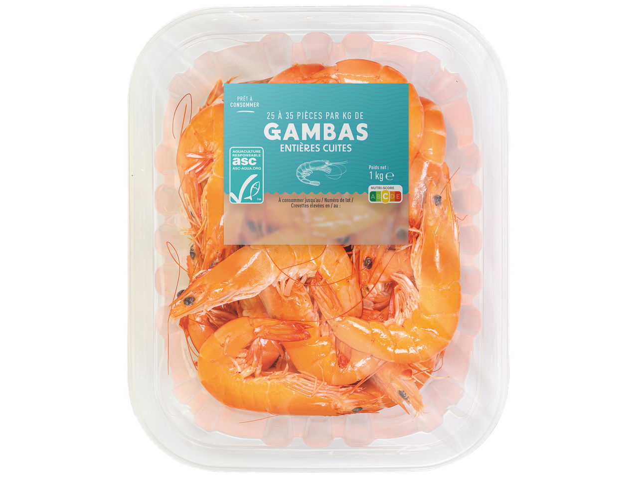 Crevettes entières cuites en barquette, 1 kg, avec label ASC et Nutri-Score A.