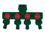Green 4-way hose distributor with red shut-off valves.
