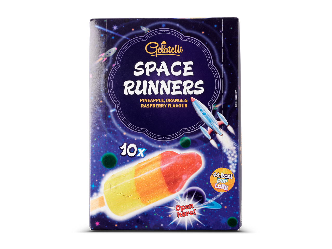 Gelatelli Space Runners: 10 ijslolly's met ananas, sinaasappel en framboos smaak.