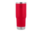 Red insulated tumbler with a silver rim and base, featuring a subtle triangular logo.