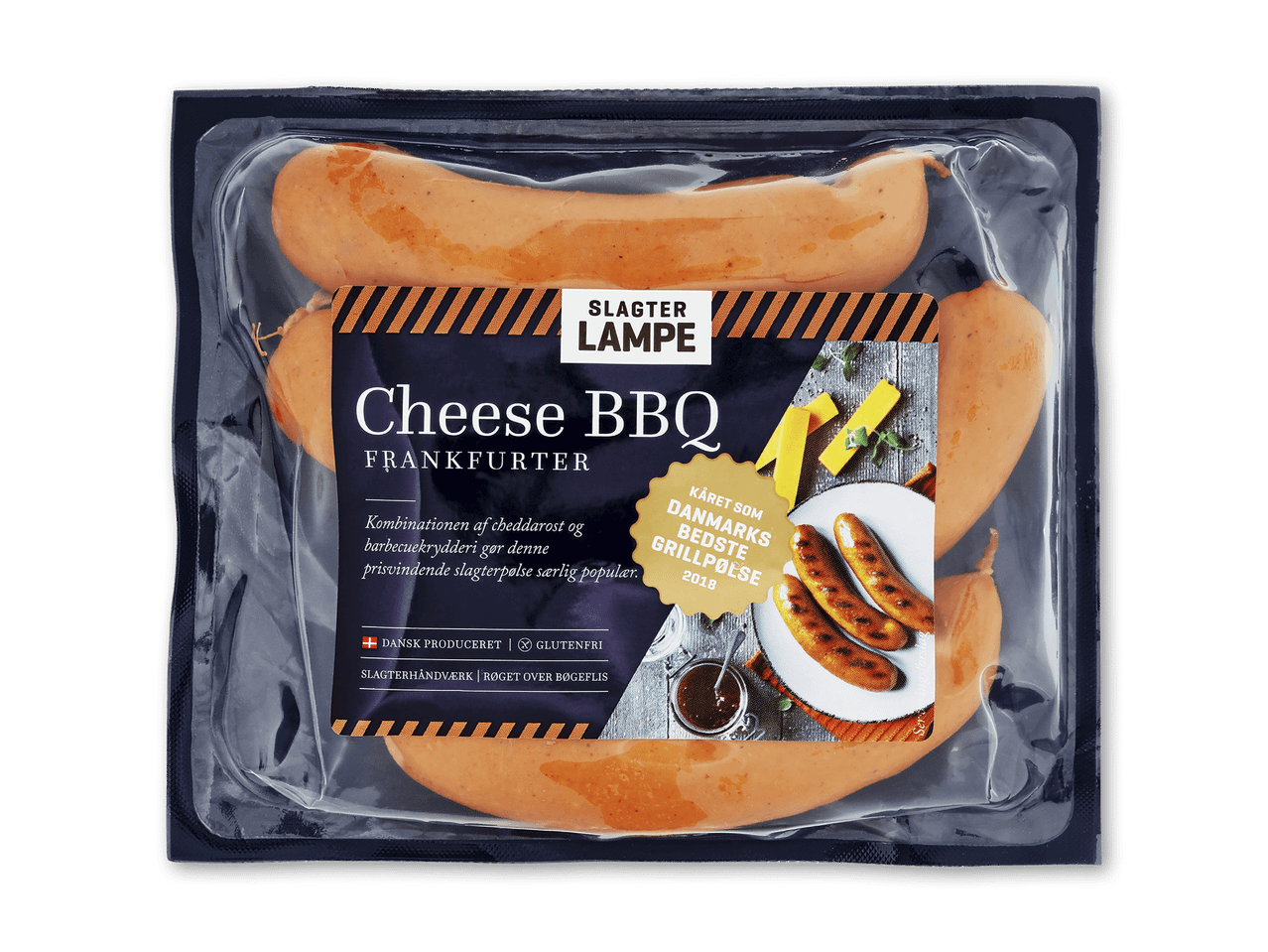 Pakke med fire frankfurtere med ost og BBQ-smag, kåret som Danmarks bedste grillpølse i 2018.