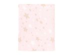 Pink baby blanket with light brown and white star patterns.
