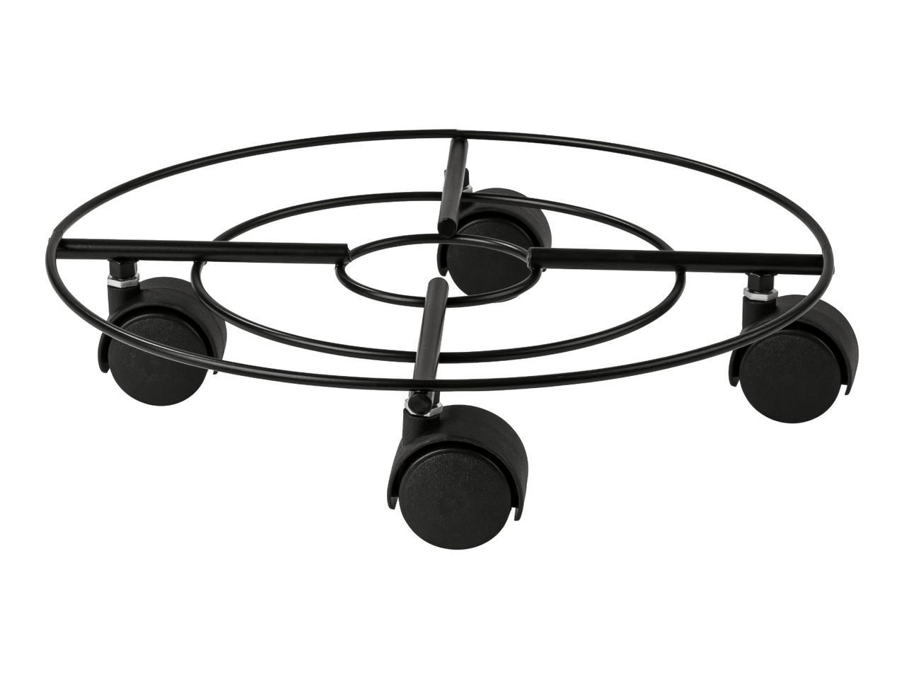 Black metal plant caddy with four wheels
