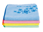 Stacked pastel microfiber cleaning cloths.