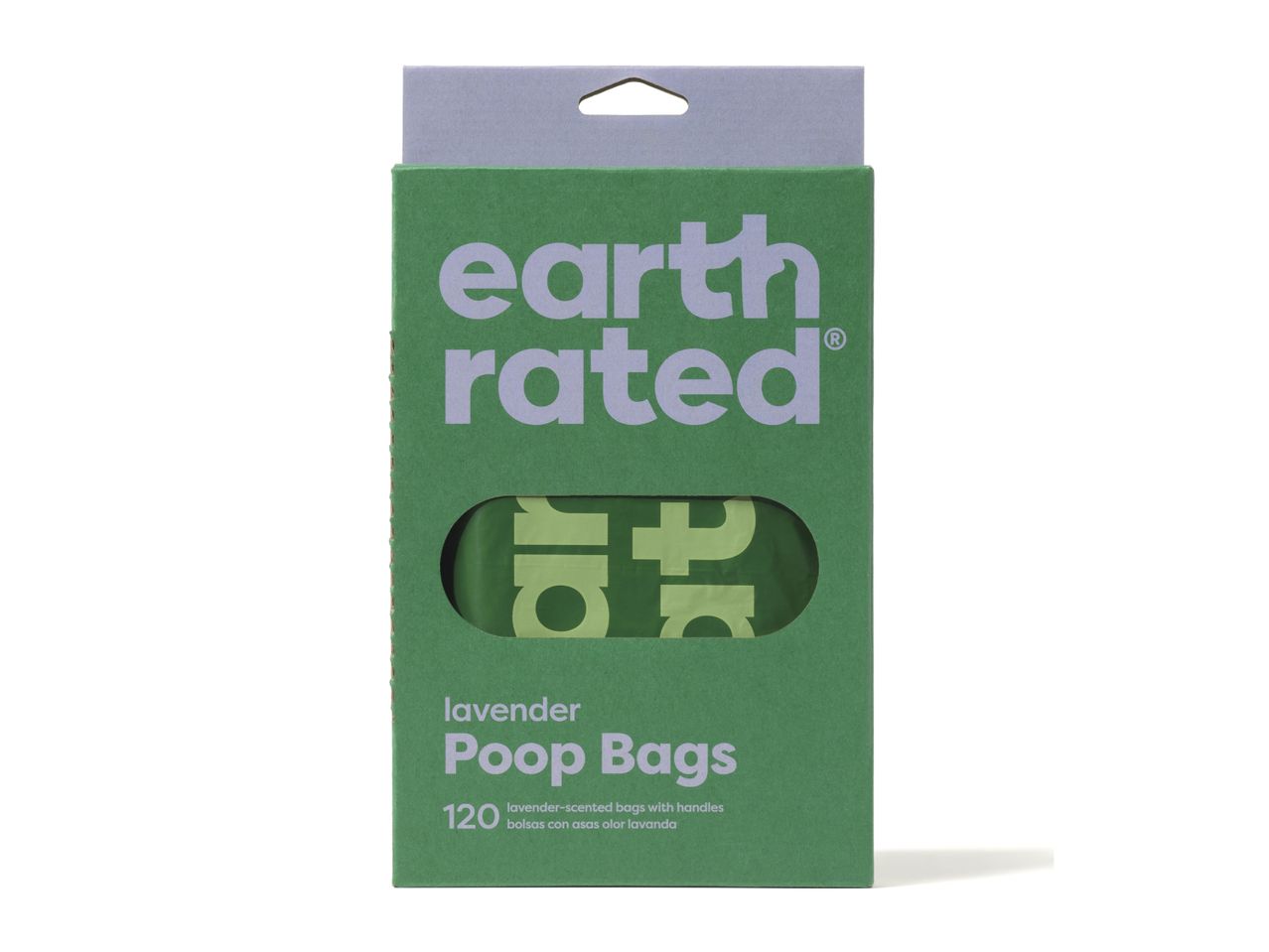 Earth Rated lavender-scented poop bags (120 count) in a green cardboard box.