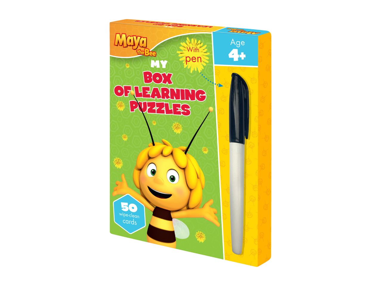 Children's learning puzzle box with a pen, featuring a bee character, for ages 4+.