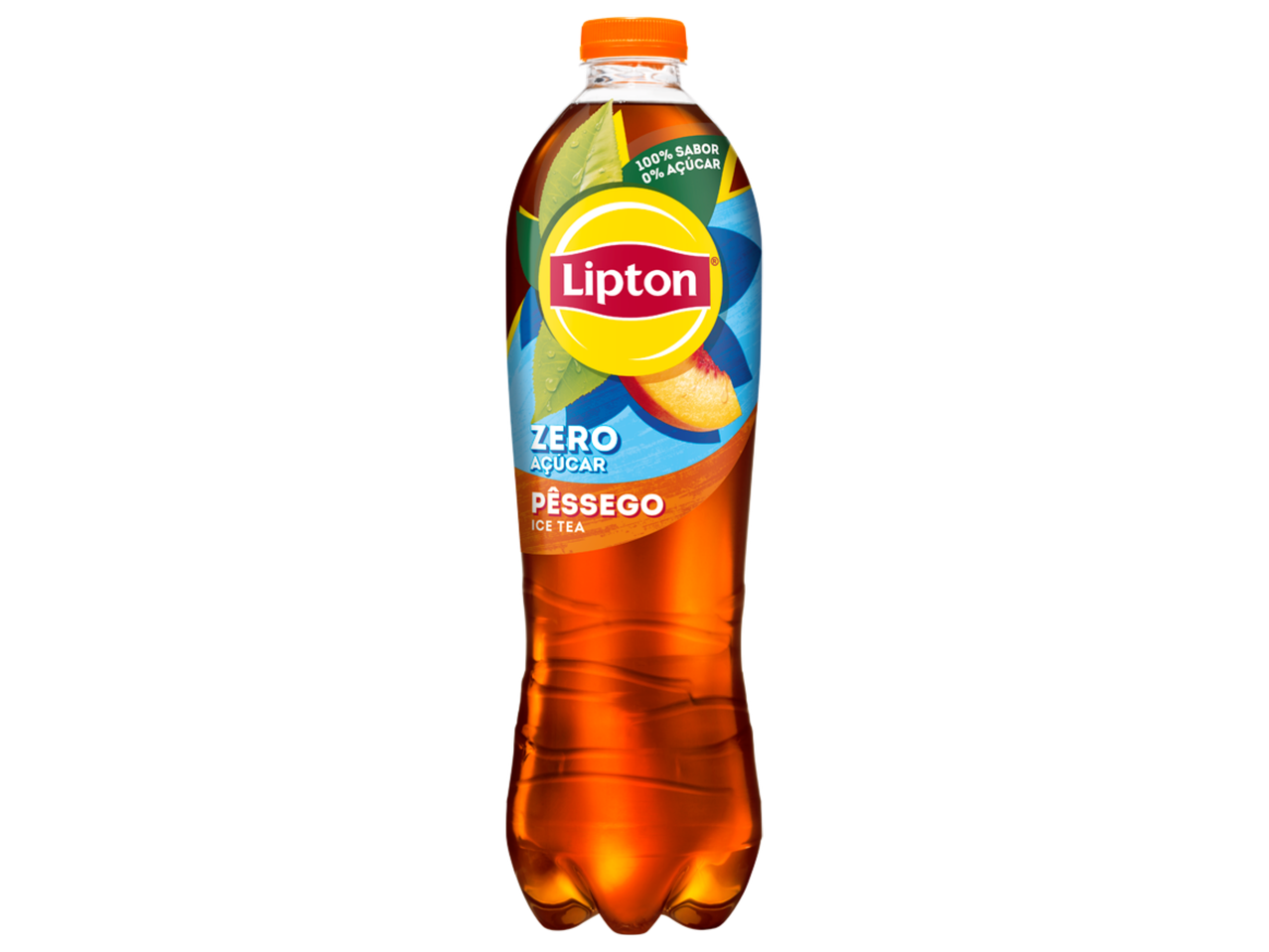 Chá gelado de pêssego sem açúcar em garrafa de plástico.