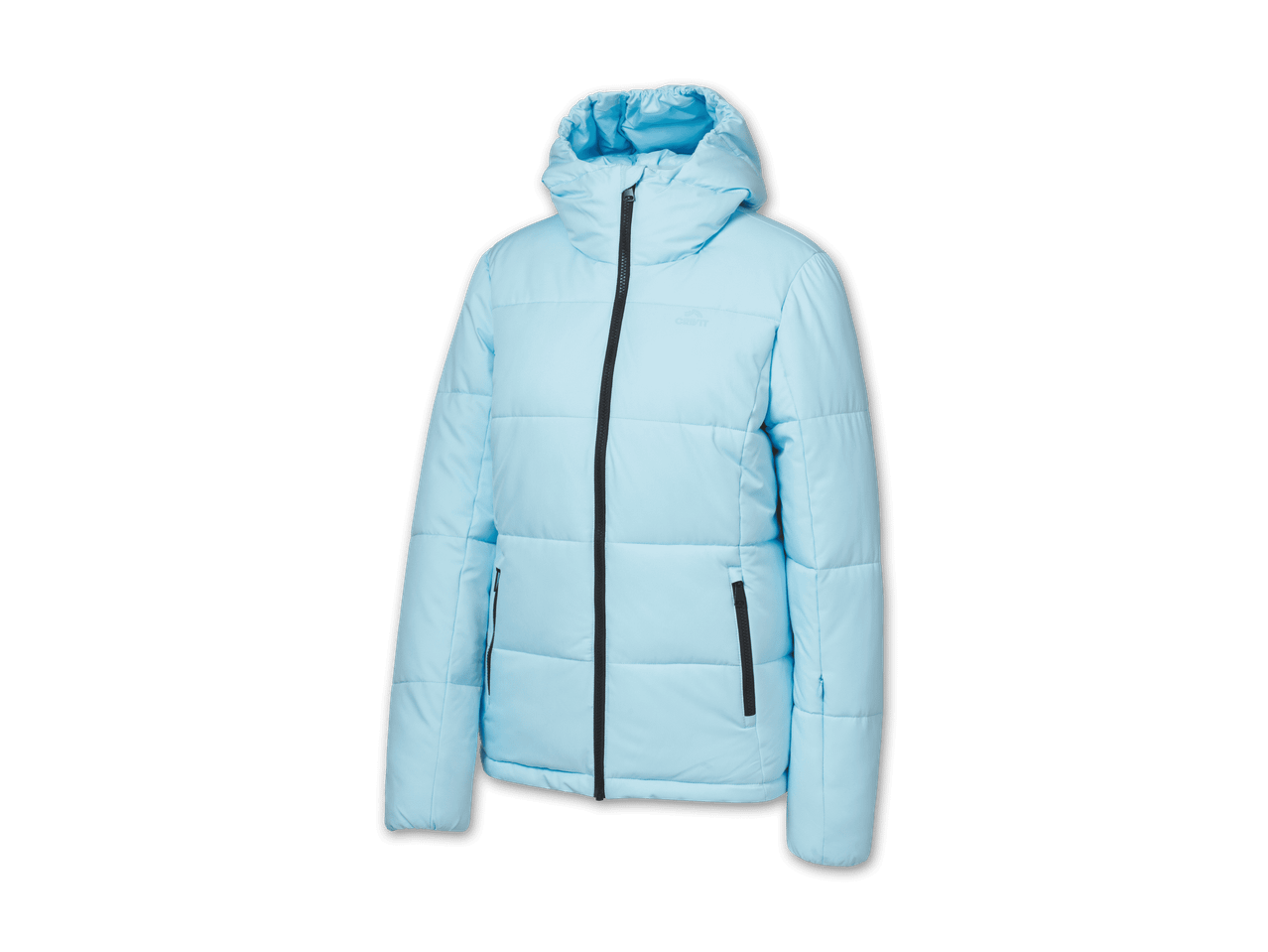 Hellblaue Steppjacke mit Kapuze und schwarzen Reißverschlüssen
