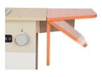 A wooden toy kitchen with a light-colored countertop and an orange side extension.
