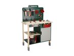 A green and light wood toy workbench with various tools and accessories.