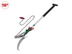 Long-reach tree pruner with saw blade and rope mechanism, featuring an 18+ age restriction symbol.