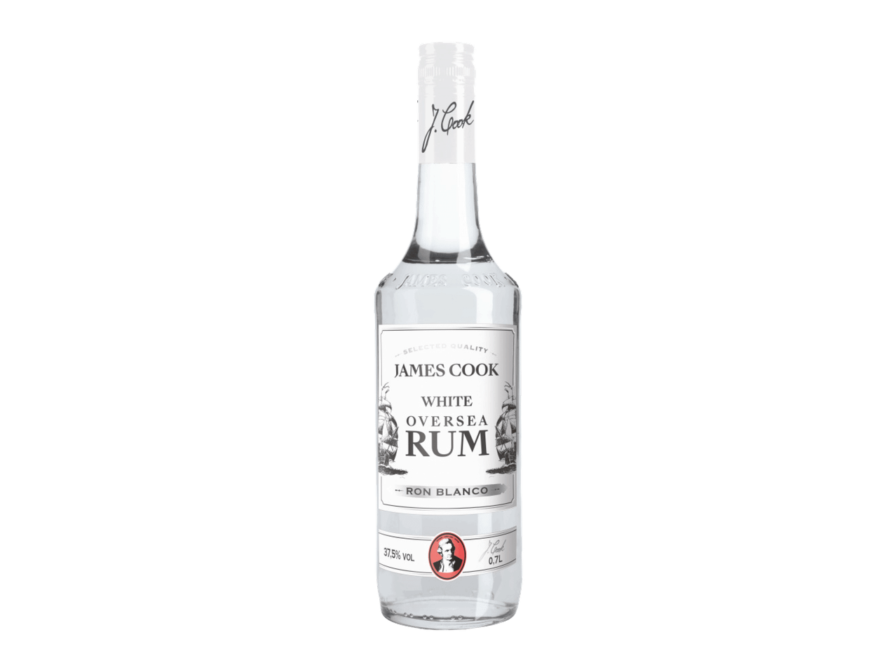 Boca belog ruma sa etiketom na kojoj je prikazan brod i natpis „White Oversea Rum“.