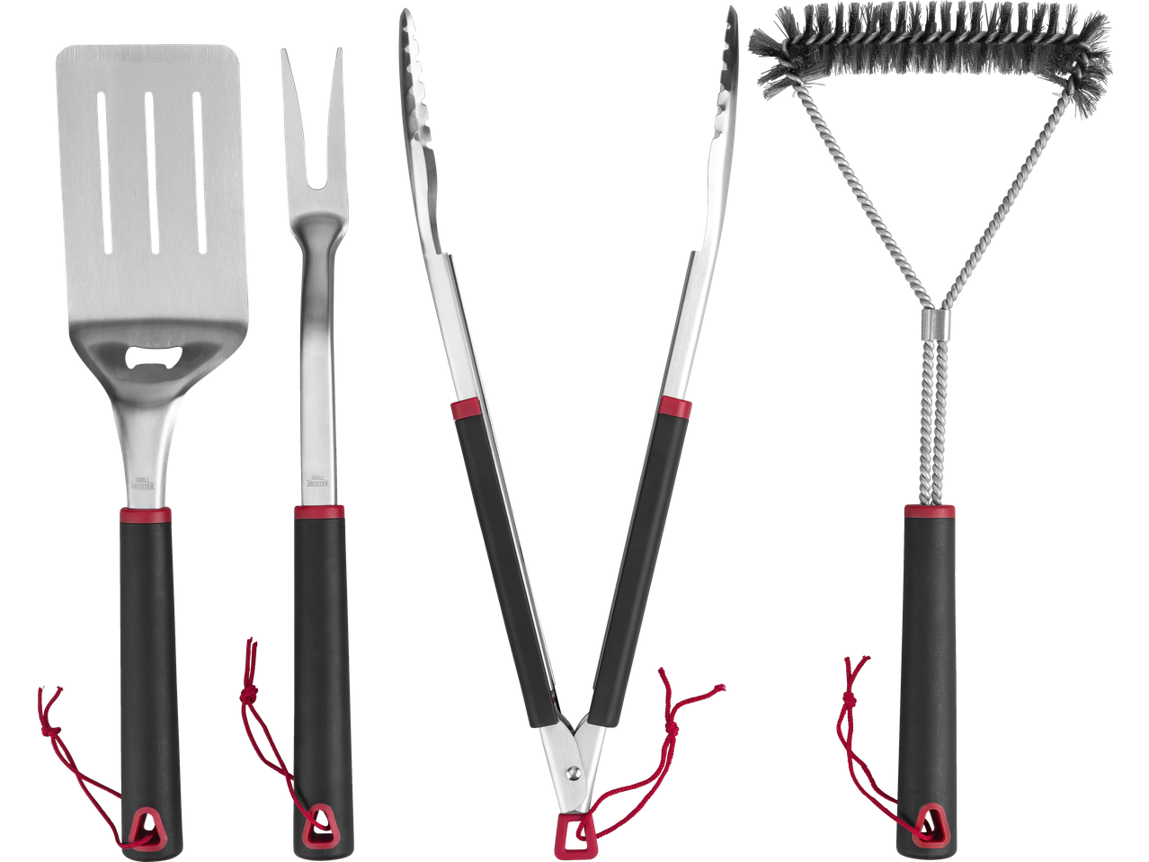 GRILLMEISTER 4-delni set pripomočkov za žar: lopatica, vilice, klešče in krtača.