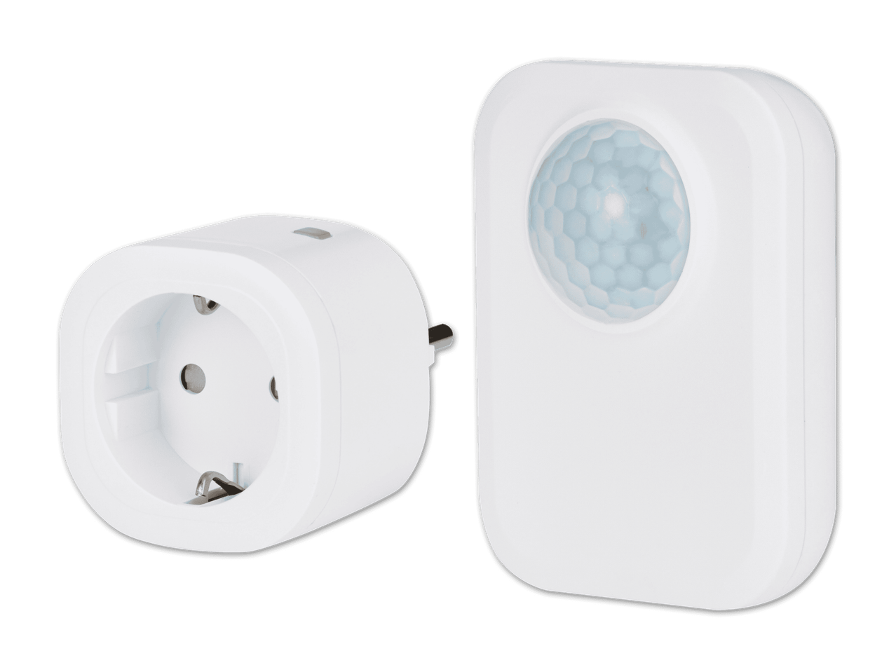 Ein weißer Smart Plug und ein Bewegungssensor.