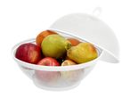 White mesh fruit bowl with a lid, filled with apples, pears, and oranges.