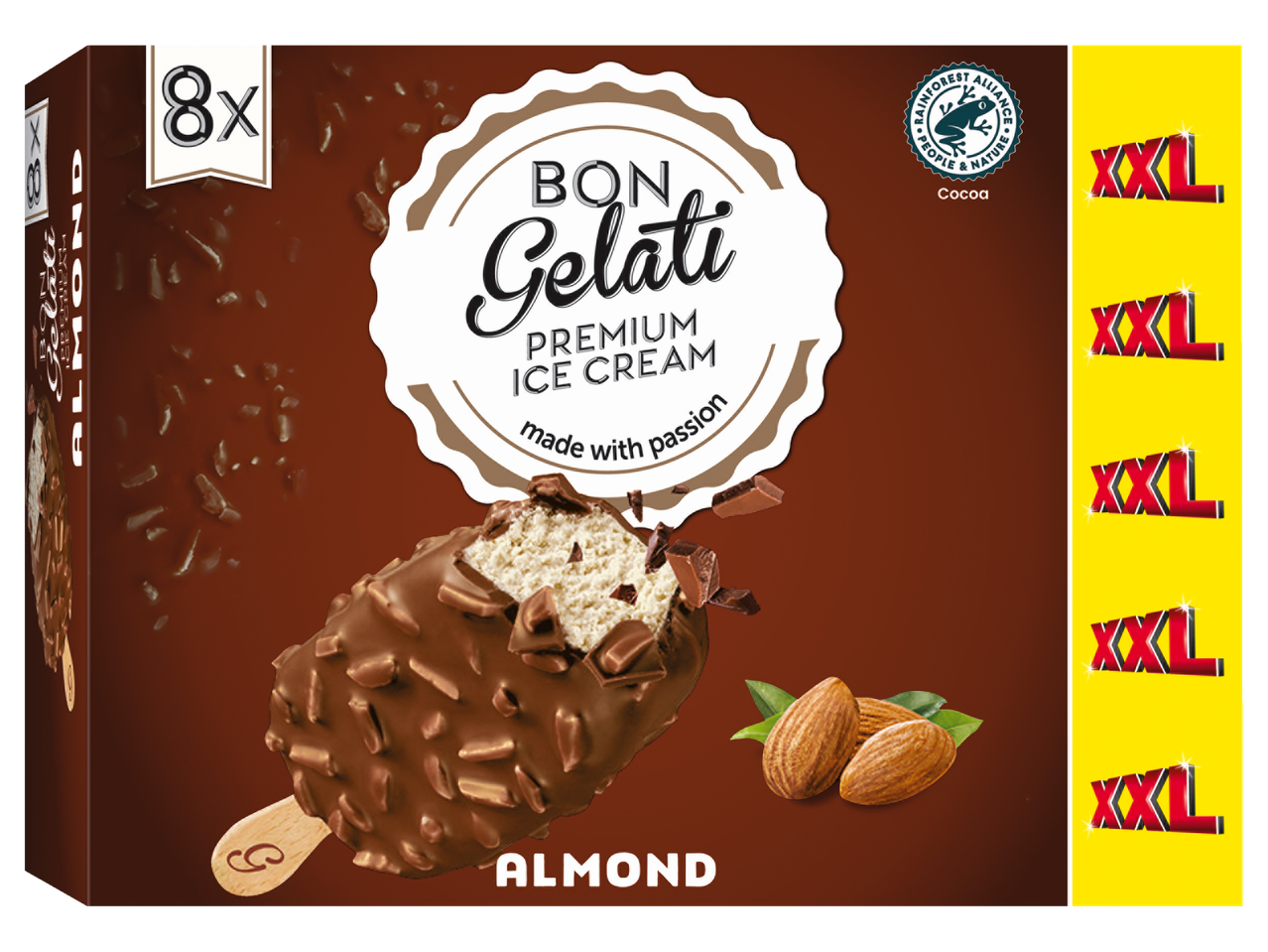 Embalagem de 8 picolés Bon Gelati sabor amendoim, tamanho XXL.