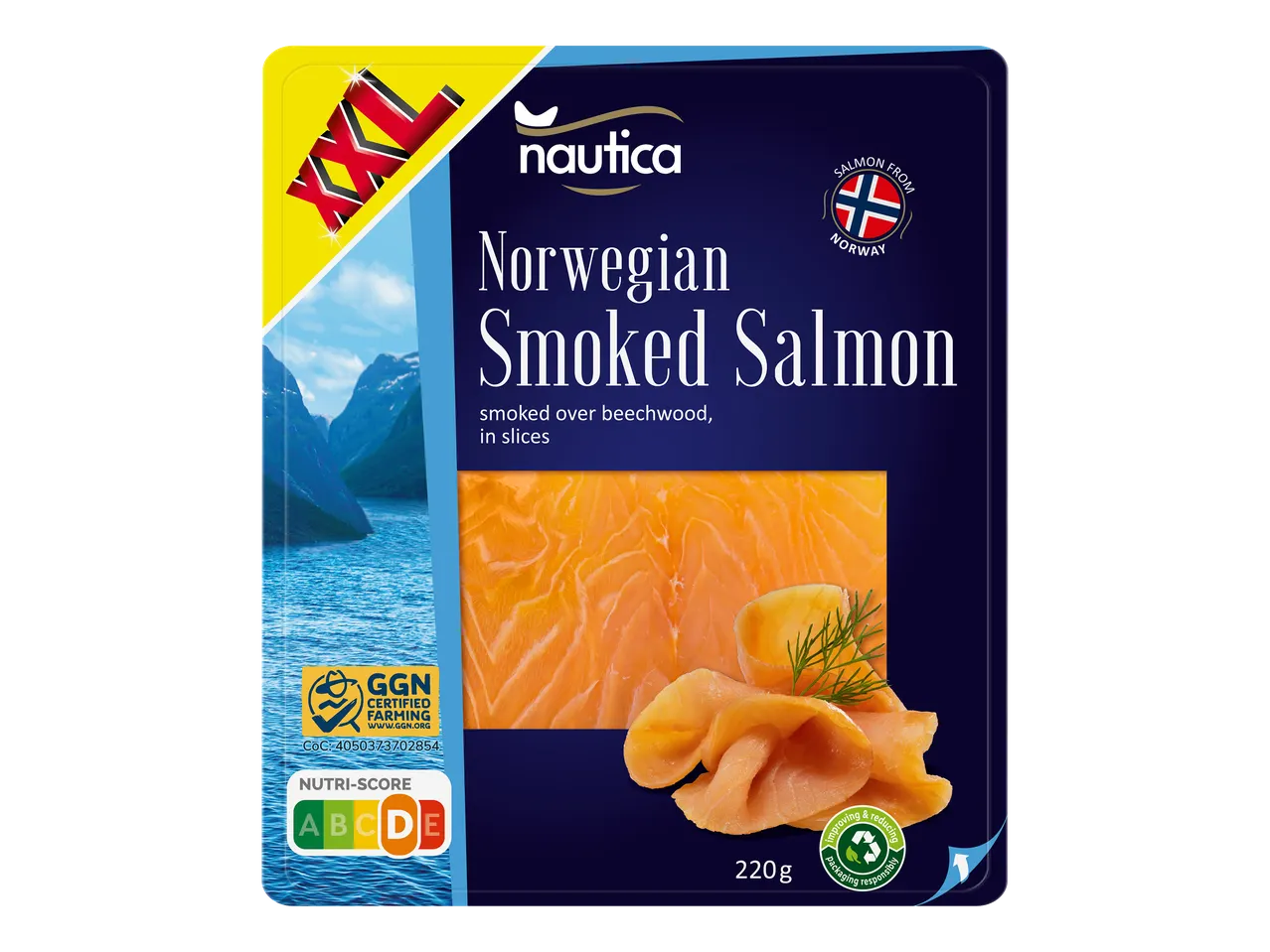 Saumon fumé norvégien XXL, certifié GGN, avec Nutri-Score D et emballage responsable.