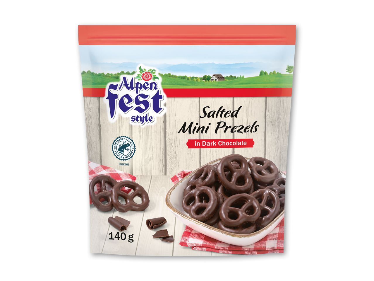 Pose med saltede mini-kringler i mørk chokolade, med et landskabstema og en vægt på 140g.
