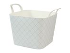 White laundry basket with blue geometric pattern and handles