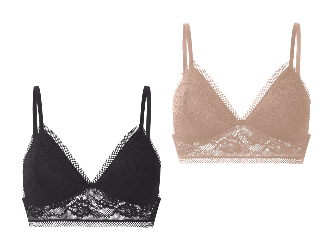 Deux bralettes en dentelle, une noire et une beige, sur fond noir.