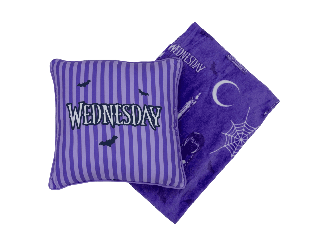 Lila Wednesday-Kissen und Decke mit Fledermäusen, Spinnennetz und Mond