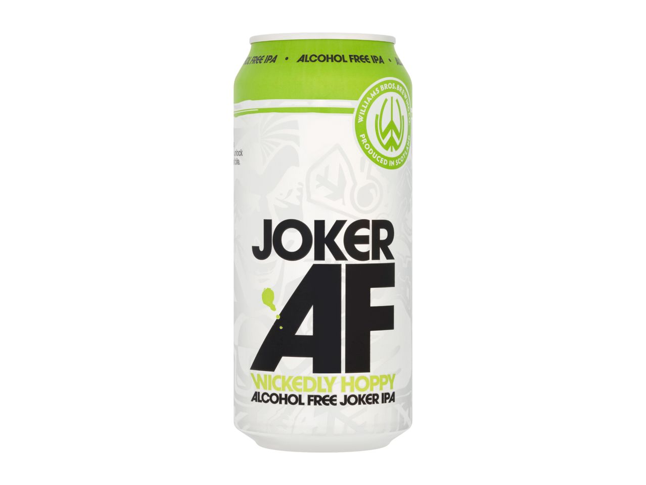 A white and green can of alcohol-free IPA with the text 'JOKER AF' and 'WICKEDLY HOPPY'.