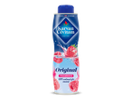 Fles frambozensiroop met afbeeldingen van frambozen in water.