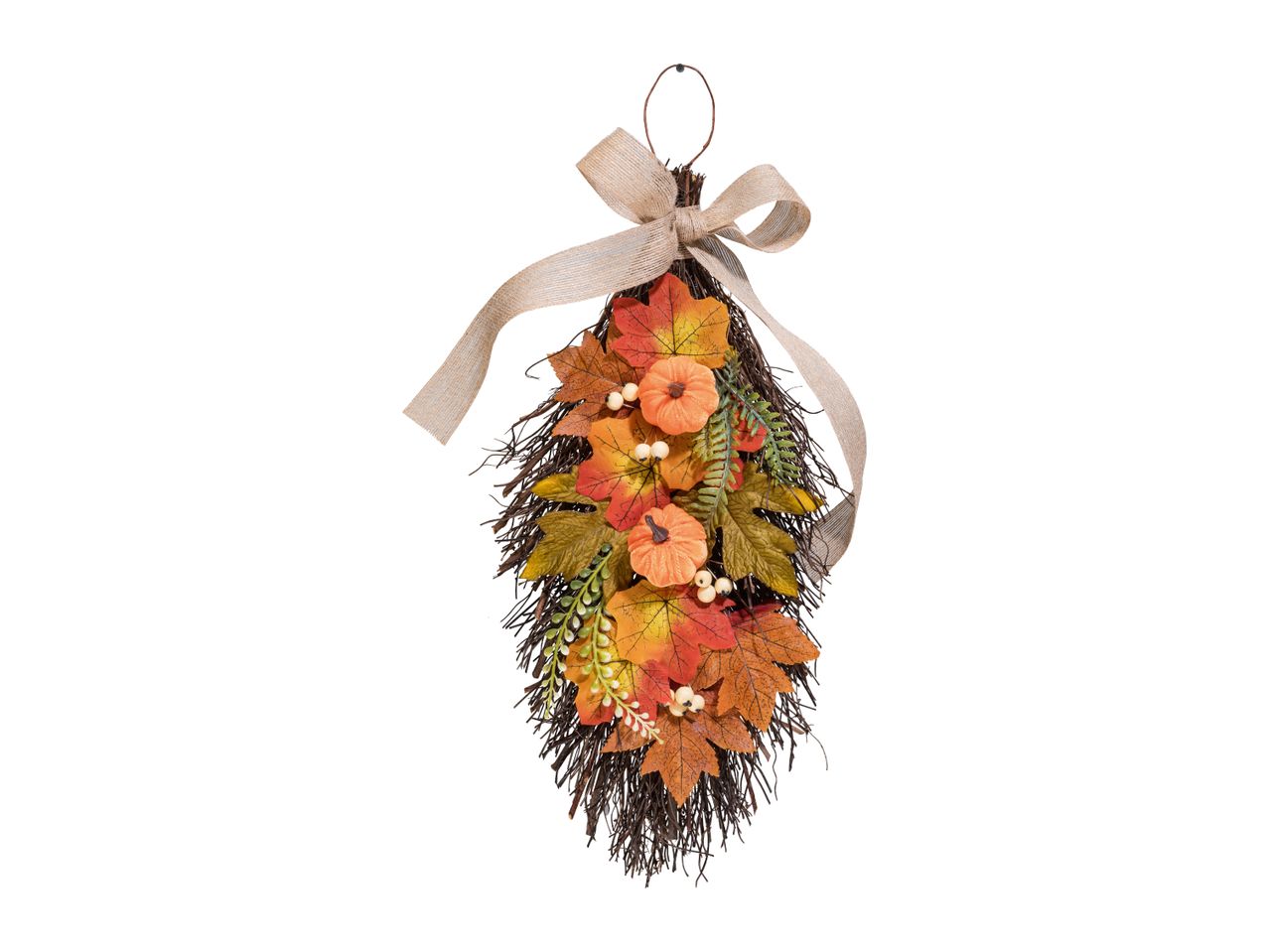 Autumn teardrop swag with orange pumpkins, maple leaves, and a burlap bow.
