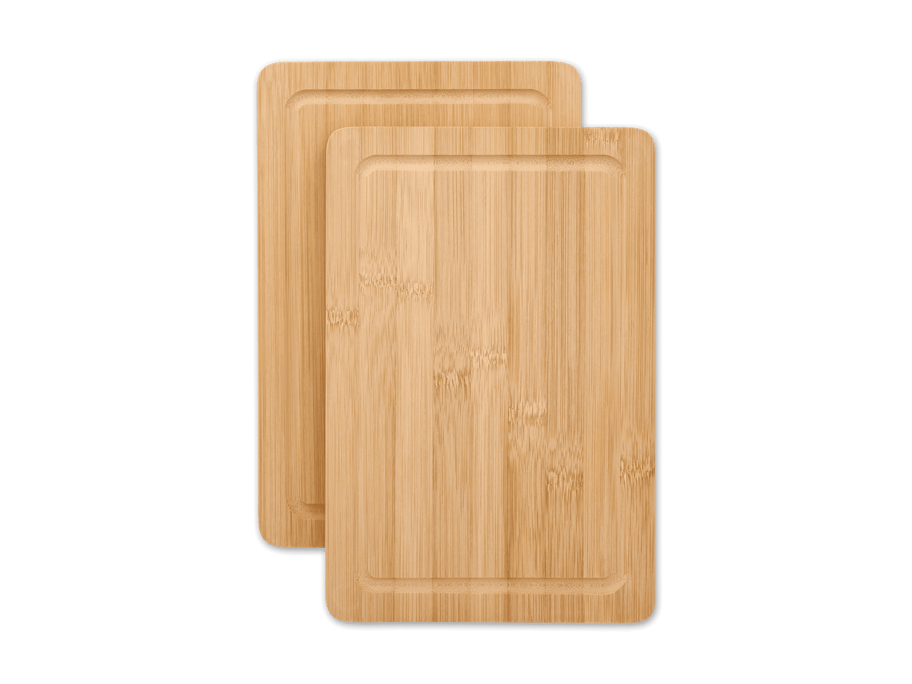 Zwei rechteckige Bambus-Schneidebretter mit Saftrille, übereinanderliegend