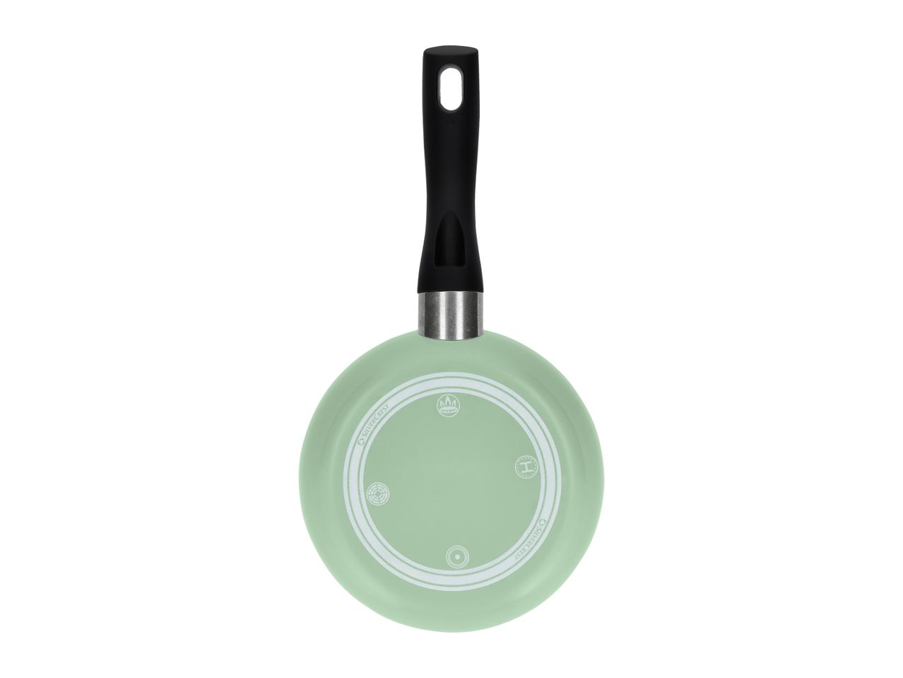 Light green frying pan with a black handle, viewed from the bottom.