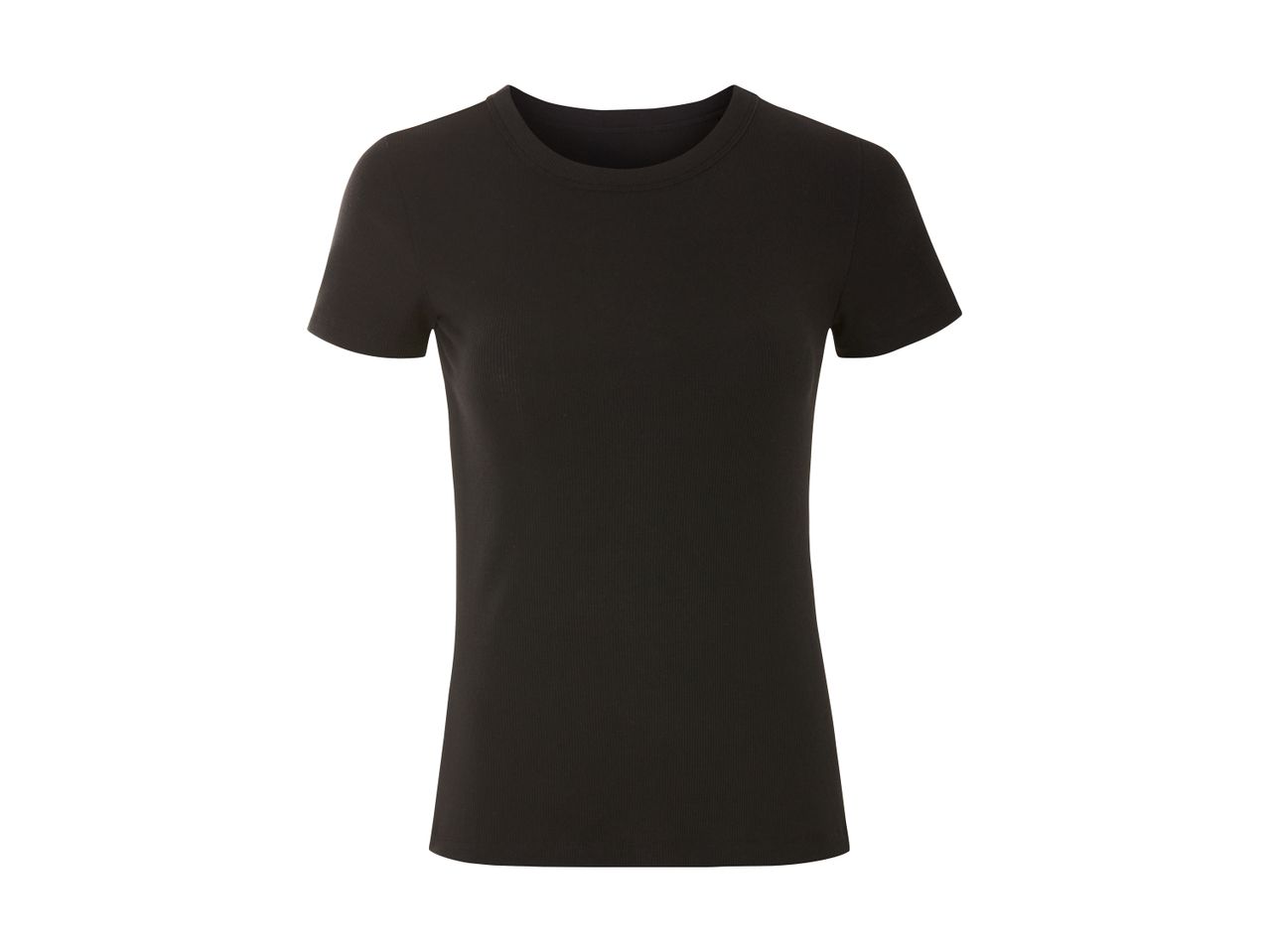 Sort ribbet T-shirt med korte ærmer og rund halsudskæring.