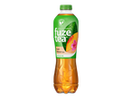 Fles ijsthee met perzik-hibiscus smaak, groene dop en etiket met theebladeren en fruit.