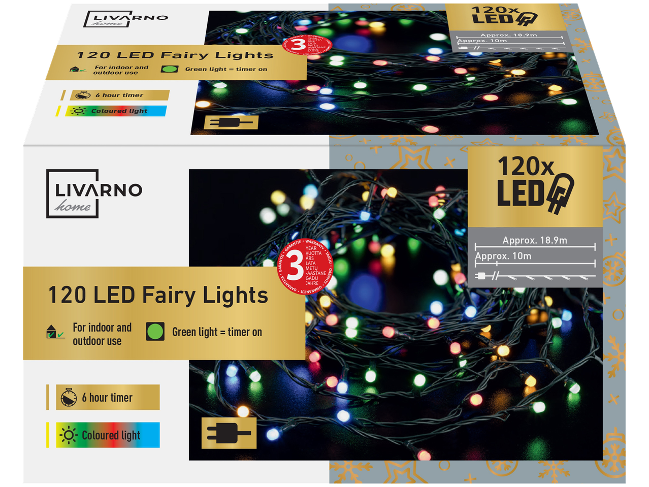 LIVARNO home 120 LED pasaku gaismas ar 6 stundu taimeri iekštelpu un āra lietošanai, krāsaina gaisma.