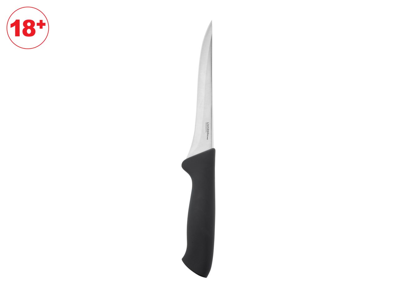 A black-handled paring knife, 18cm.