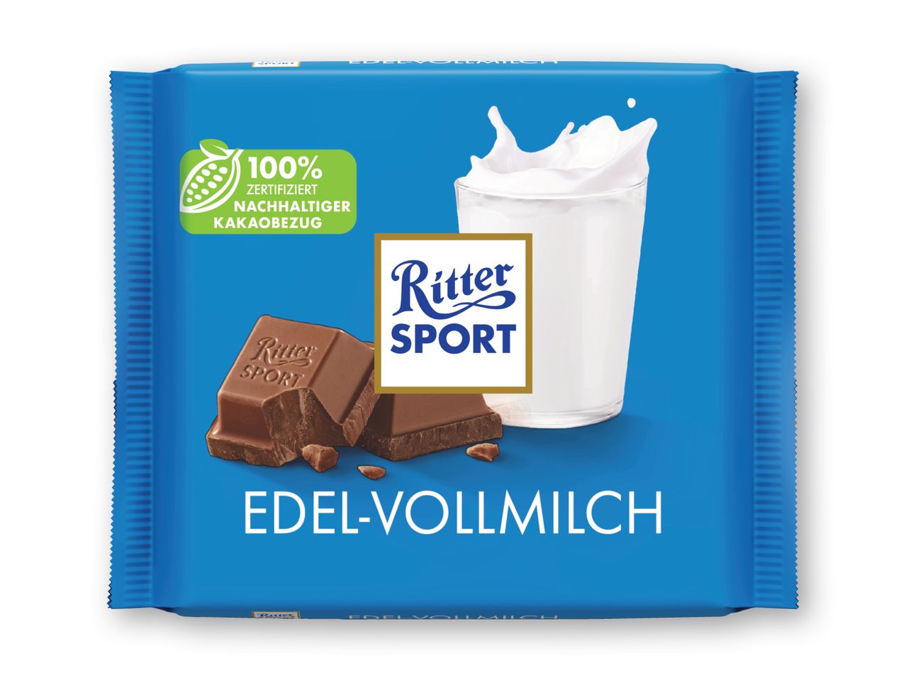 Ritter Sport Edel-Vollmilch chokoladebar med mælk og kakaobønner.