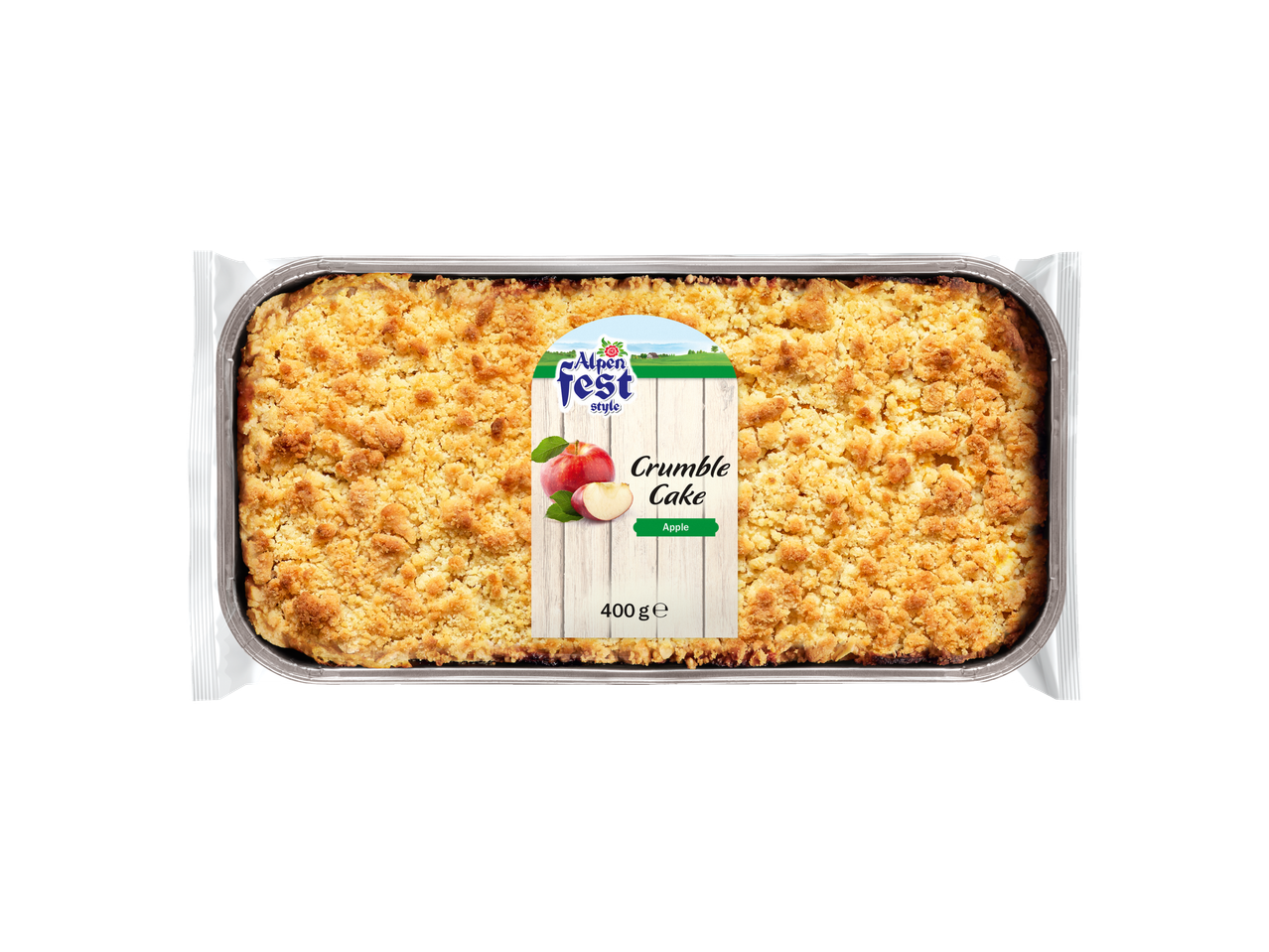 Appel crumble cake in een aluminium bakje met etiket