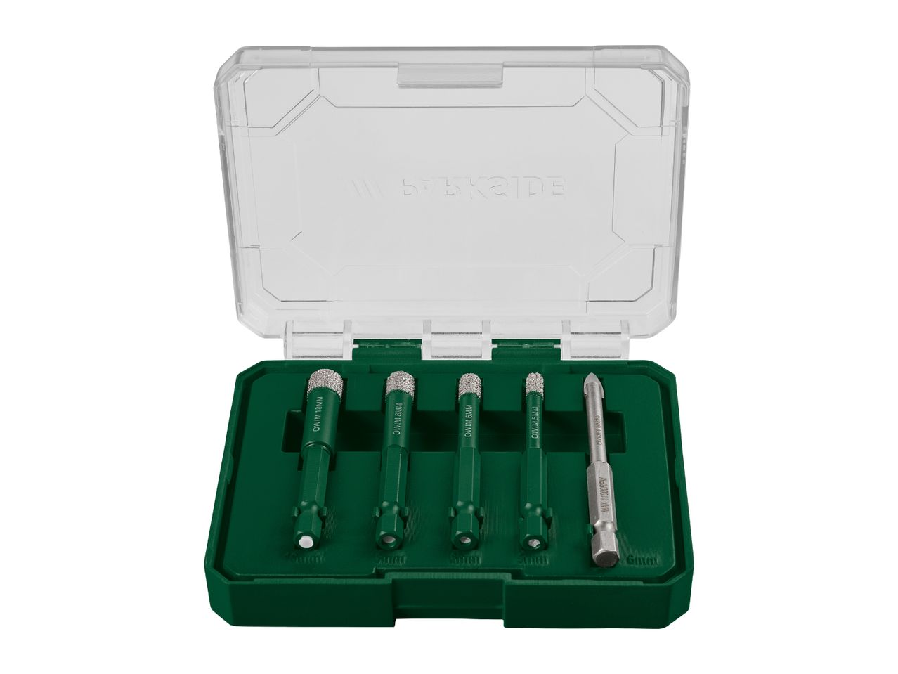 Drill bit set with diamond-coated and carbide-tipped bits in a green and clear case.
