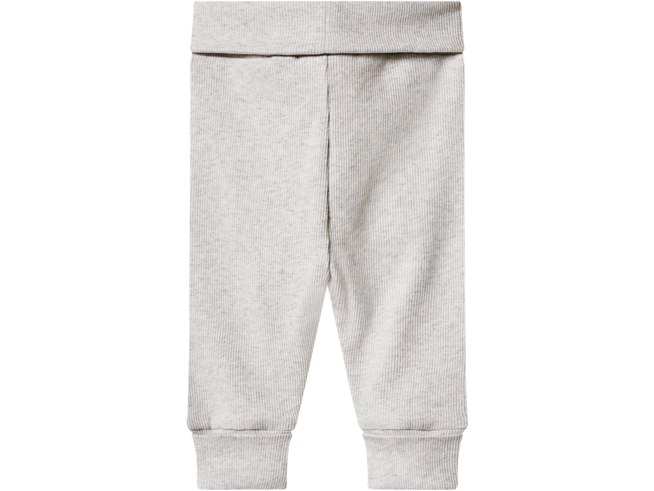 Light grey ribbed baby trousers with a wide, foldable waistband and cuffed ankles.