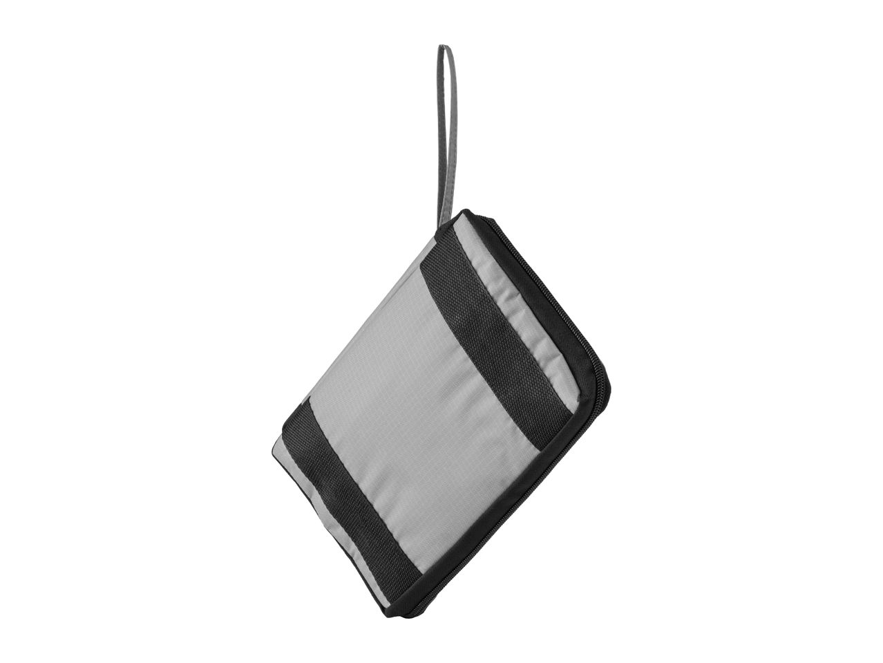 Grey and black foldable shopping bag with a loop handle, isolated on a white background.