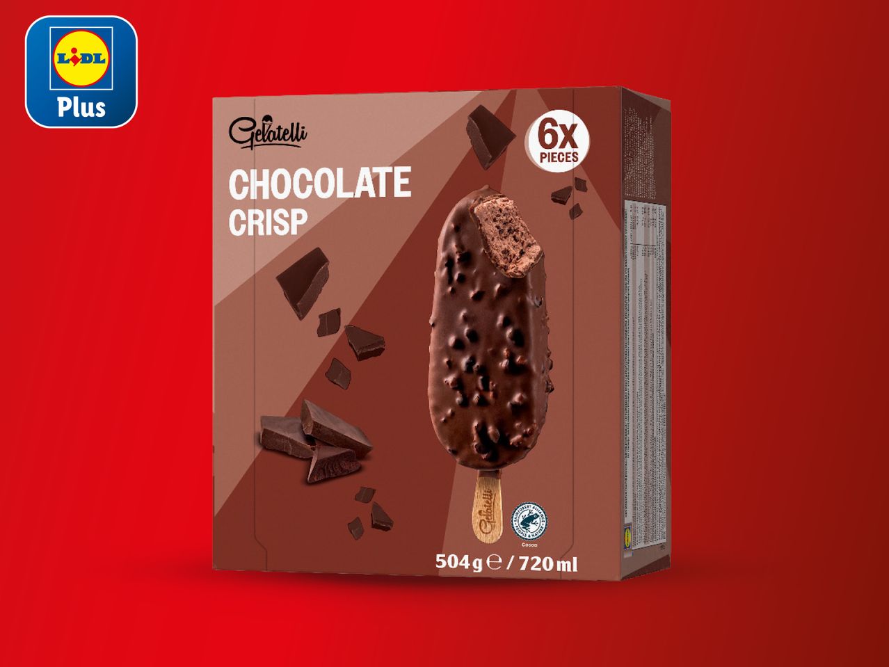 Kutija Gelatelli Chocolate Crisp sladoleda s logotipom Lidl Plus.
