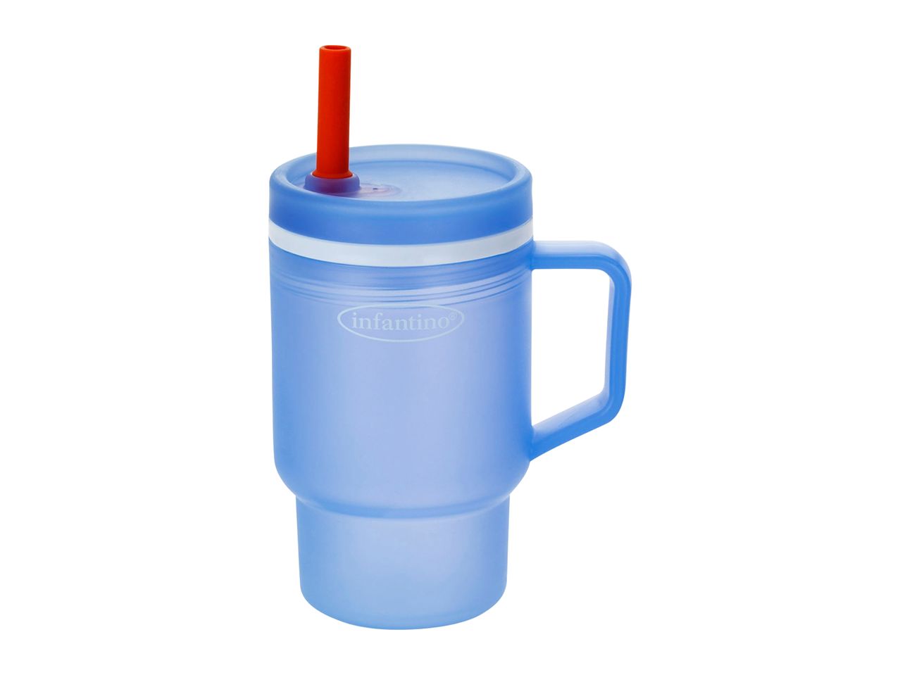 Blue sippy cup with a red straw and a handle.