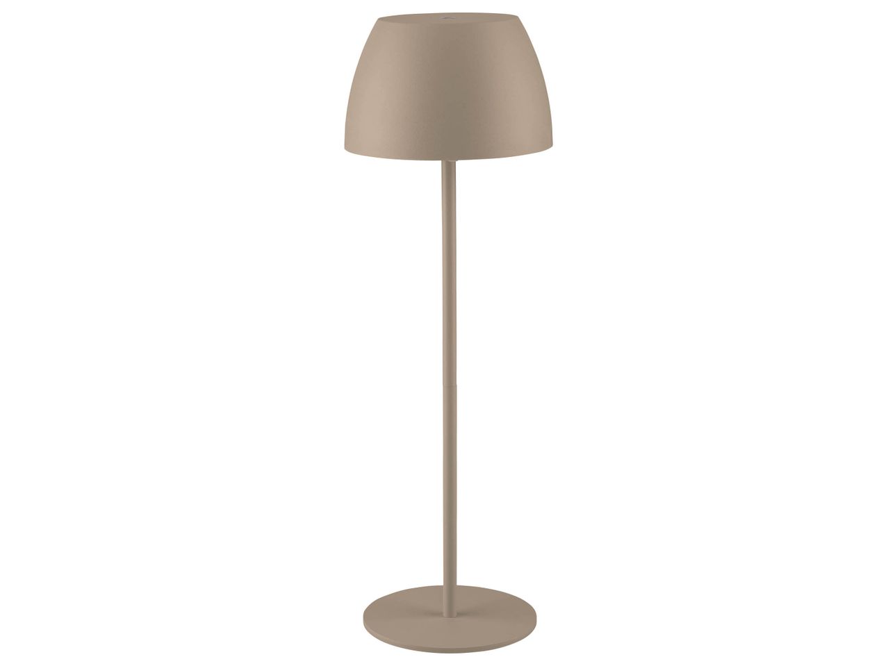 Lampada da terra moderna color tortora con paralume a campana e base rotonda.