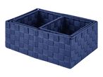 Set of three navy blue woven storage baskets.