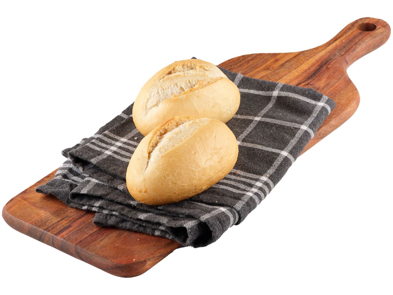 Två fräscha vetebullar på en träbräda.