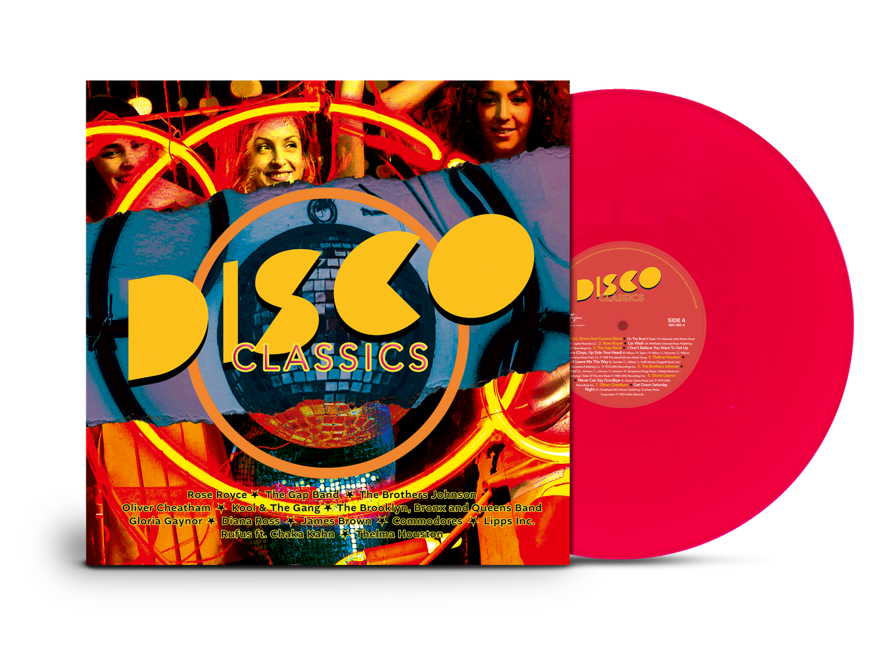 Een rode vinylplaat met het label 'Disco Classics' en een albumhoes met dansende mensen en een discobal.
