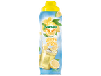 Bouteille de sirop Solévita Citron avec des citrons et un verre de limonade.