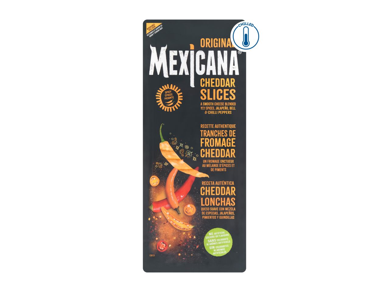 Packaging for original spicy cheddar slices, with chili peppers and text in English, French, and Spanish.